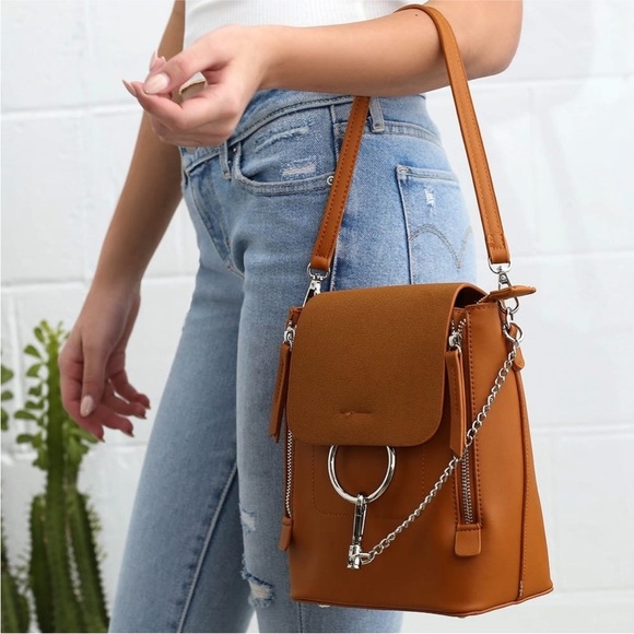 NWT Lulus Convertible Mini Backpack Purse – Tan Brown Faux Leather - Picture 3 of 16